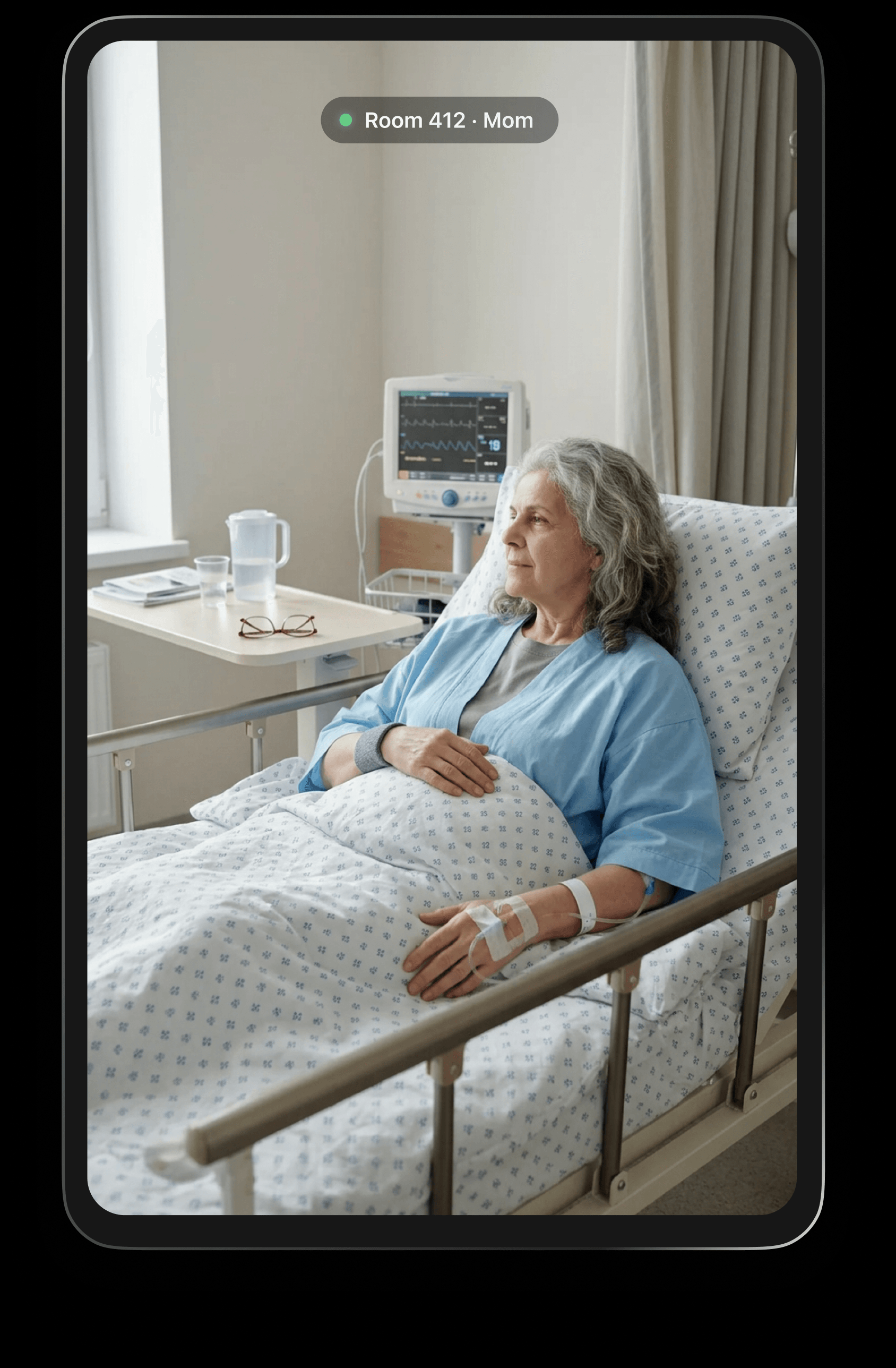 Mom resting in hospital room 412, seen through Obrigada